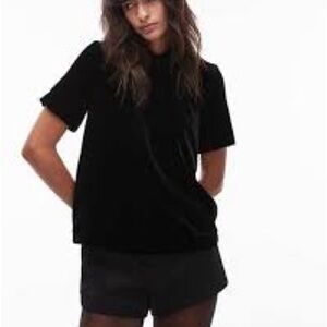 J Crew Black Short Sleeve Crushed Velvet Crewneck Shirt Blouse Top Size Large